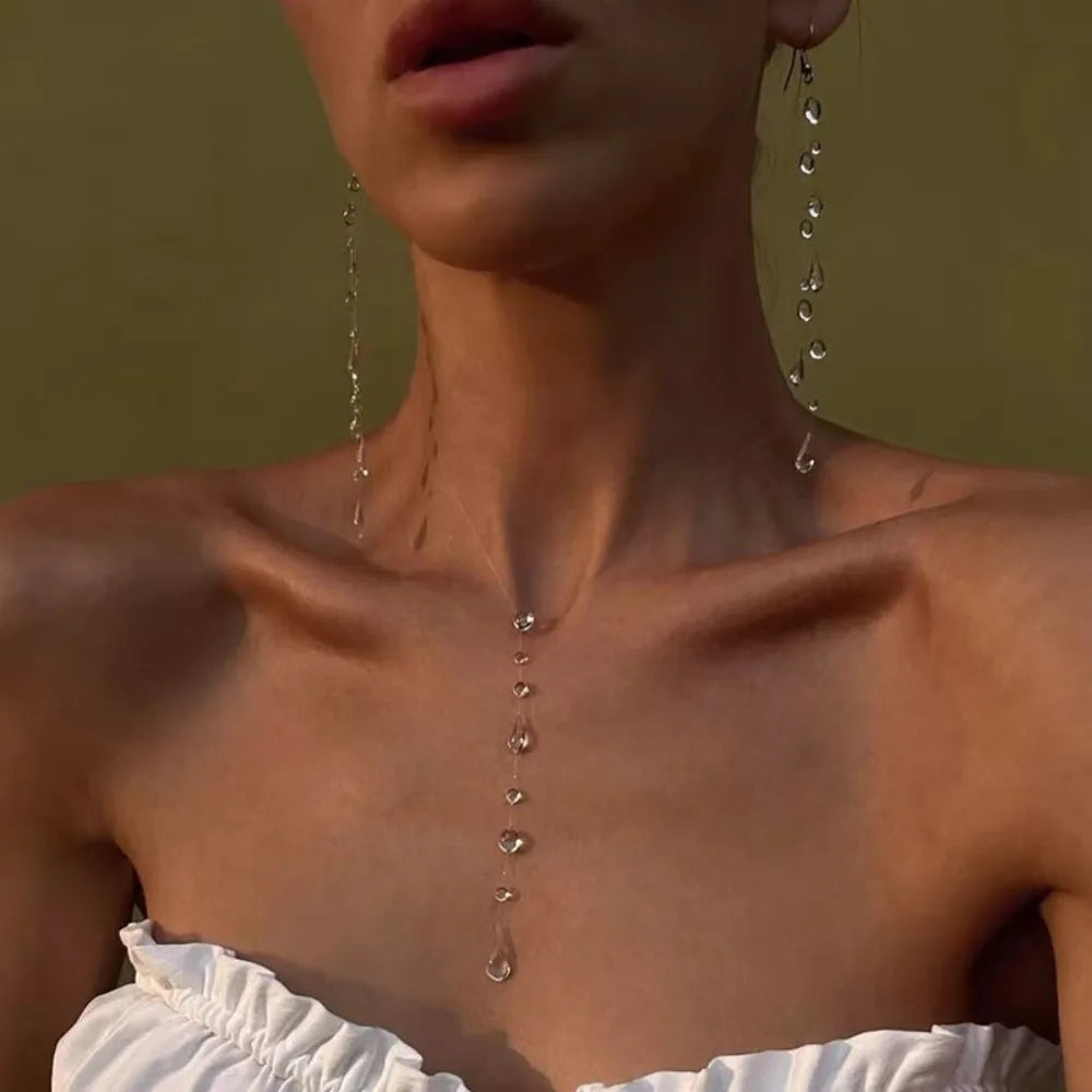 Crystal Dewdrop Necklace & Tassel Earrings Set